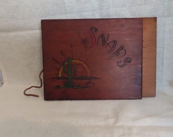 Vintage Snapshot Album Hand Carved Hand Painted Wood Southwestern Style Leather Thong Ties