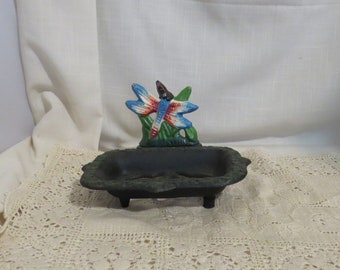SALE Vintage Cast Iron Soap Dish Hand Painted Dragonfly