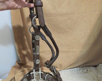 Vintage Leather Western Halter Head Stall Head Collar Horse Tack Solid Brass Embellishments Made In USA Western Tack