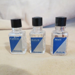 SALE Vintage Nail Care Bottles Nail Polish Nail Polish Remover Cuticle Remover Bottles Embosed Glass Bottles Miniature Bottles