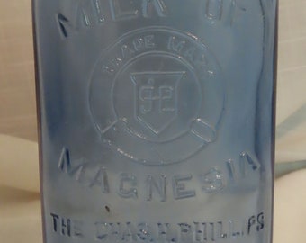 Antique Milk Of Magnesia Embossed Glass Bottle Transparent Teal Blue Glass Chars. H. Phillips Chmeical Co. Glenbrook Conn. Made In USA