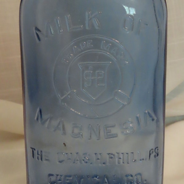 Antique Milk Of Magnesia Embossed Glass Bottle Transparent Teal Blue Glass Chars. H. Phillips Chmeical Co. Glenbrook Conn. Made In USA