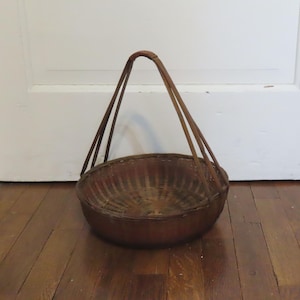 SALE Vintage Hand Made Split Bamboo Basket with Bamboo Handles Handcrafted Bamboo Basket Oriental Basket