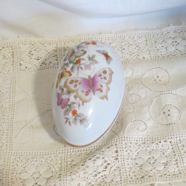 SALE Vintage Avon Porcelain Egg With Butterflies Treasures Box Trinket Box Ring Box