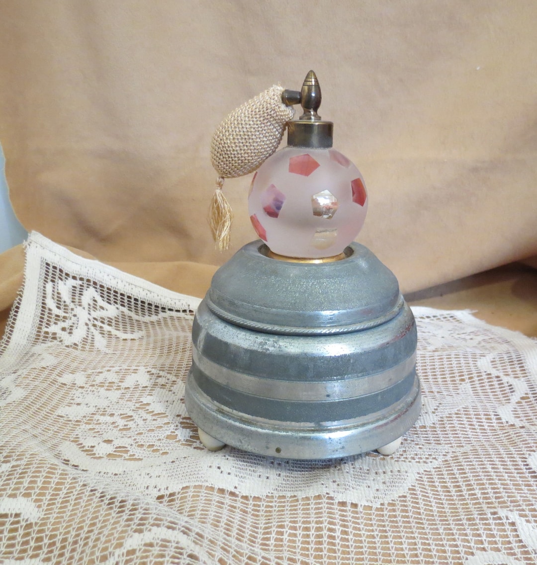 Vintage Metal Powder Box/music Box With Atomizer Frosted Glass Etsy