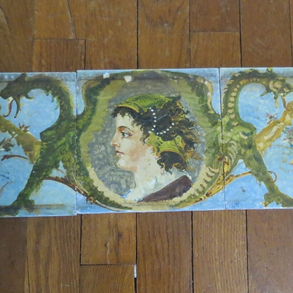 Antique Dragon and Greek Lady Portrait Hand Painted Mosaic Tiles Italian Hand Painted Tiles Fireplace Tiles