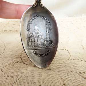 Antique Court House & Soldiers Monument Winchester Indiana Embossed Sterling Silver Souvenir Spoon Hand Engraved