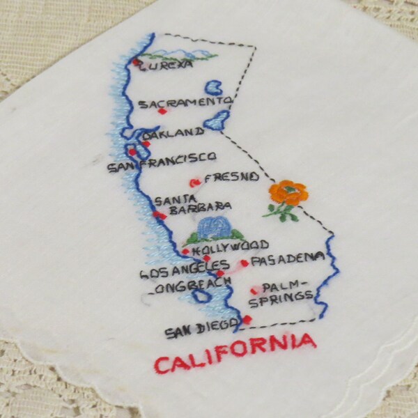 SALE Vintage California Souvenir Linen Hanky Embroidered Hanky Scalloped Edge Hanky