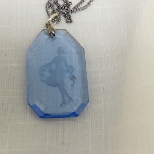 Vintage Blue Glass Reverse Carved Pendant Necklace Intaglio Glass Pendant Necklace
