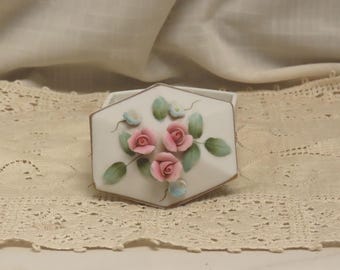 Vintage Hand Painted Bisque Porcelain Ring Box With Hand Applied Porcelain Roses and Foliage Gold Gilt Trim