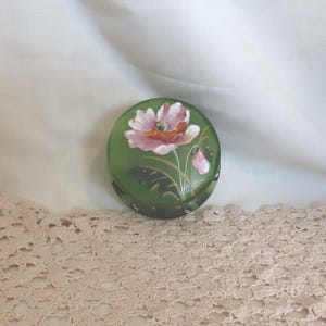 SALE Antique Green Frosted Glass Powder Jar Hand Painted Victorian Powder Box Brass Fittings Powder Box Floral Powder Box Hand Blown Glass