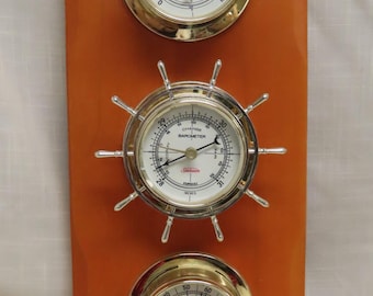 Estação meteorológica vintage Sunbeam para uso doméstico, com tema náutico, termômetro, barômetro e higrômetro. Fabricada nos EUA.