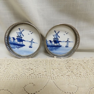 Vintage Hand Painted Delft Blue Coasters Dutch Windmills