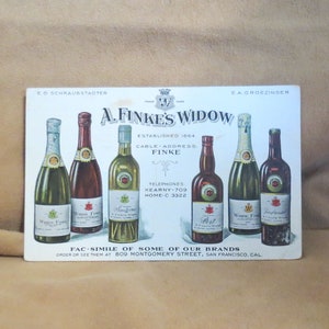 VENTE carte postale publicitaire de vin antique A. Finke's Widow Wines San Francisco Californie