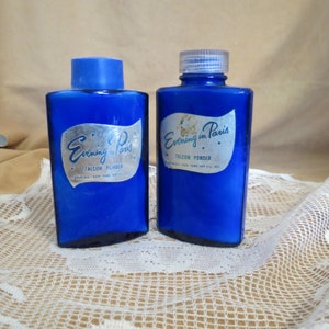 SALE Pair Vintage Evening In Paris Talcum Powder Bottles Talc Bottles With Contents Boujois Made In USA Cobalt Blue Glass Bottles