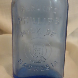 SALE Antique Genuine Phillips Milk Of Magnesia Bottle Blown Glass Transparent Cobalt Blue Glass Bottle Embossed Glass Bottle Medicine Bottle