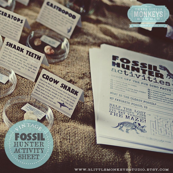 Vintage Dinosaur Fossil Hunter Activity Sheet Scavenger Hunt by Three Little Monkeys Studio