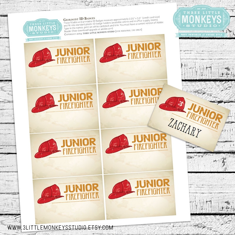 vintage firefighter fillable and printable id badges instant etsy