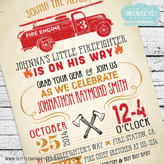 Vintage Firefighter Baby Shower Invitation Thank You Notes By