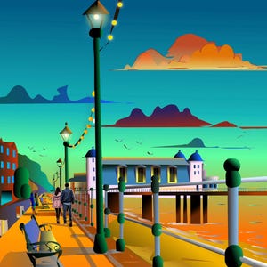 May include: A vibrant illustration of a seaside promenade with a couple strolling along a pathway. The scene features green lampposts, a blue bench, and a building with a pier. The sky transitions from blue to orange, with stylized clouds and mountains.