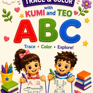 Puede incluir: Un libro de actividades para niños titulado Trace & Color with Kumi and Teo ABC. La portada muestra a una niña y un niño dibujando letras y animales en libros abiertos con crayones. Incluye elementos decorativos como corazones y libros.