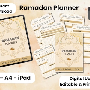 May include: A digital Ramadan planner in beige and gold tones. The image shows a tablet, printed pages, and a download icon. Text includes "Ramadan Planner", "Plan | Reflect | Grow", and "Instant Download".
