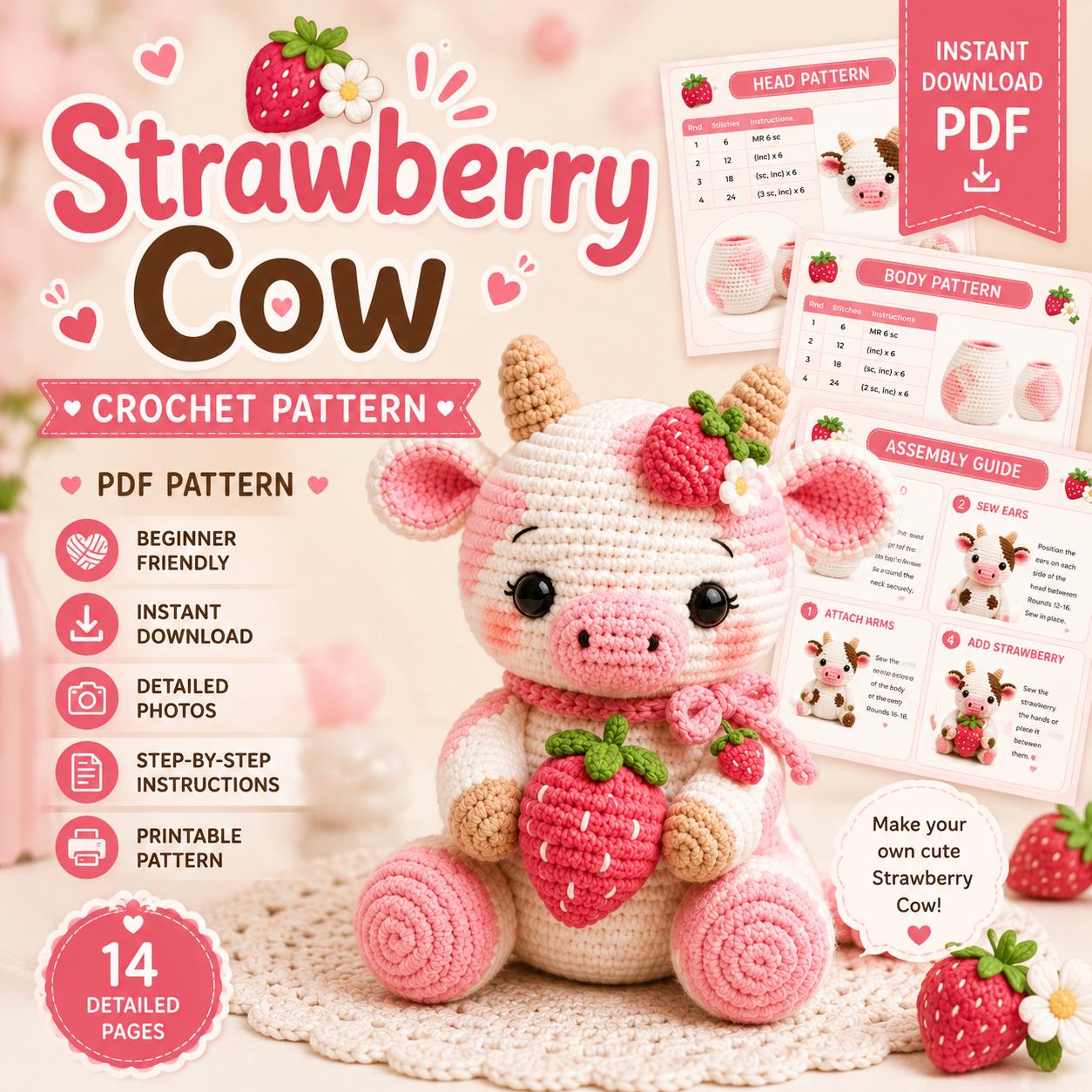 16 Strawberry Cow Crochet Patterns for Plushies, Loveys, and Blankets 1 Strawberry Cow Crochet