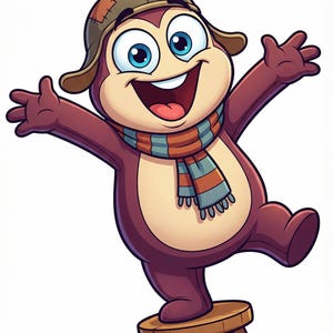 May include: A cartoon illustration of a cheerful, brown creature with a tan belly, wearing a brown hat and a striped scarf. It stands on a small wooden stool, arms outstretched, with a big smile and blue eyes.