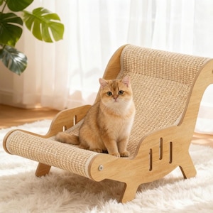 May include: A light brown cat with golden fur sits on a wooden lounge chair featuring a textured, beige sisal scratching surface. The chair has a curved frame with vertical cutouts on the sides and a low-profile design for feline lounging.