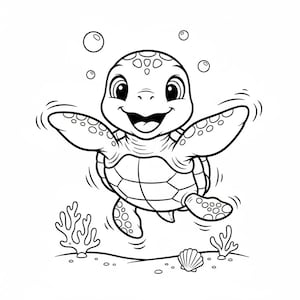 May include: A black and white cartoon illustration of a smiling sea turtle swimming underwater. The turtle has a patterned shell and flippers, with bubbles and seaweed in the background. The turtle is smiling with its mouth open.