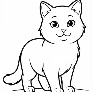 Puede incluir: Ilustración de dibujos animados en blanco y negro de un gato. El gato está de pie con las patas delanteras hacia adelante y la cola curvada. El gato tiene ojos grandes y una expresión sonriente. La imagen está sobre un fondo blanco.