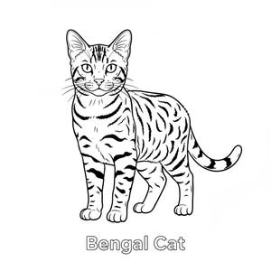 May include: Black and white line drawing of a Bengal cat standing with its tail curved. The cat has a striped pattern on its body and legs. The text "Bengal Cat" is below the cat.