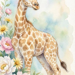May include: A watercolour illustration of a giraffe with a brown and tan spotted pattern. The giraffe is surrounded by pink, yellow, and white flowers with green leaves. The background is a soft blend of blue and green.