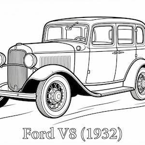 Puede incluir: Dibujo lineal de un Ford V8 clásico de 1932. El coche se representa de perfil, mostrando su diseño vintage con faros prominentes, una parrilla detallada y ruedas de radios. El coche circula por una carretera sinuosa.