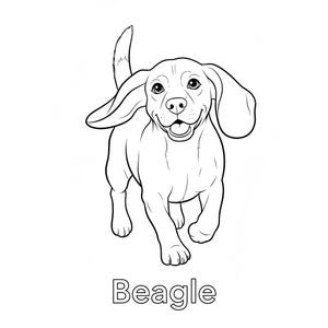 May include: A black and white line drawing of a Beagle dog with its mouth open and tongue visible. The dog is running towards the viewer. The word "Beagle" is written in a block font below the dog.