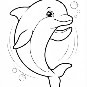 Puede incluir: Ilustración de dibujos animados en blanco y negro de un delfín sonriente con burbujas. El delfín está representado con un cuerpo curvado, aletas y una cola, sobre un fondo blanco. La imagen es adecuada para productos infantiles.