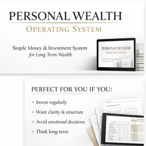 Puede incluir: Anuncio de un producto digital titulado "PERSONAL WEALTH OPERATING SYSTEM". La imagen muestra una computadora portátil, una tableta y un teléfono inteligente que muestran el producto. El texto destaca características como un sistema de dinero, un marco de inversión y una descarga de PDF.