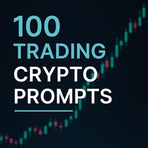 Könnte beinhalten: Das Bild zeigt den Text "100 TRADING CRYPTO PROMPTS" in Weiß und Türkis vor dunklem Hintergrund. Im Hintergrund ist ein verschwommener Chart mit grünen und roten Balken zu sehen, der Finanzhandel andeutet.