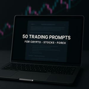 May include: A laptop screen shows "50 TRADING PROMPTS" for crypto, stocks, and forex. The screen is illuminated against a dark backdrop with a stock chart. The text "IDEAL FOR BEGINNERS & PROS" is at the bottom.