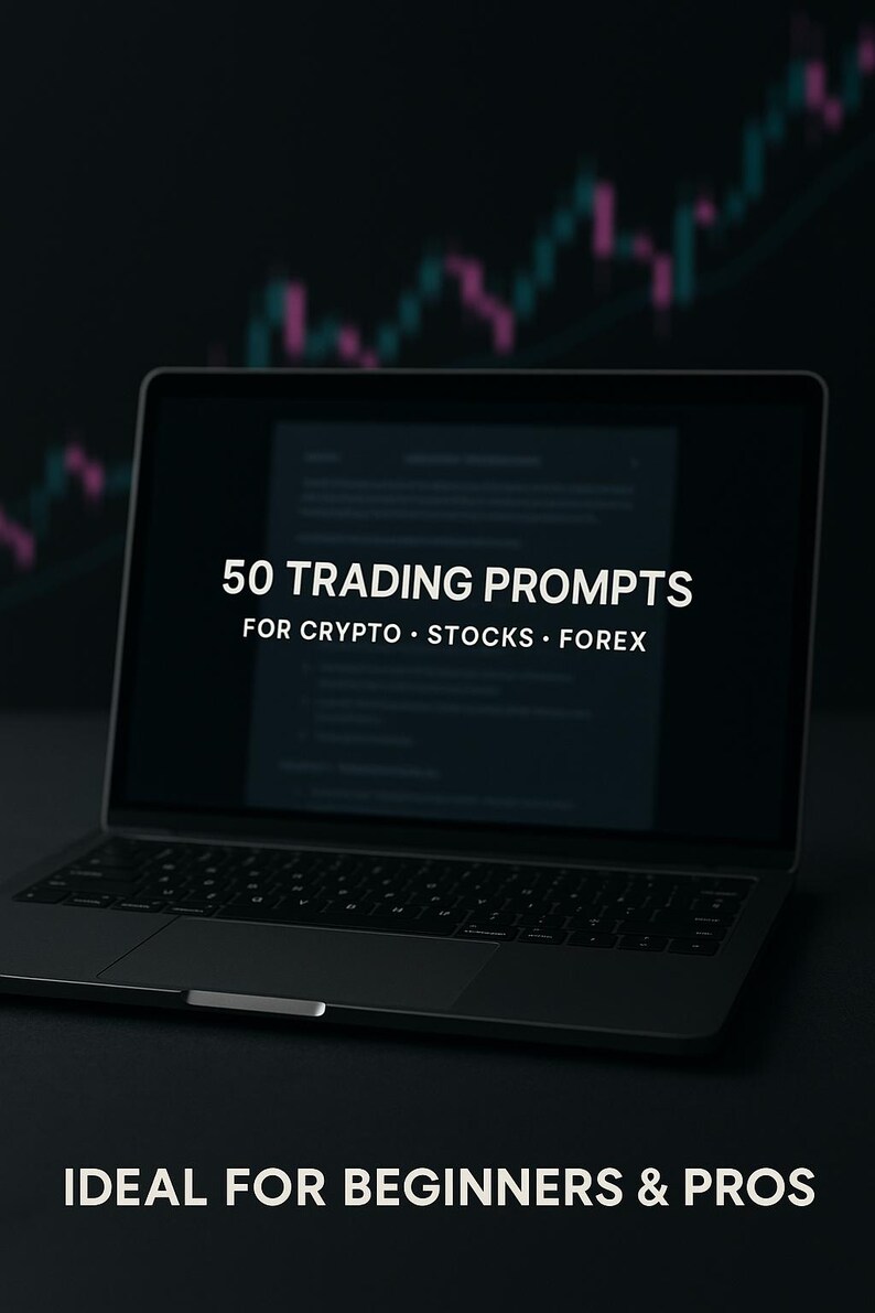 May include: A laptop screen shows "50 TRADING PROMPTS" for crypto, stocks, and forex. The screen is illuminated against a dark backdrop with a stock chart. The text "IDEAL FOR BEGINNERS & PROS" is at the bottom.