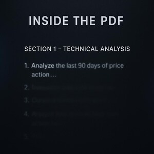 May include: Dark background with white text. The text reads "INSIDE THE PDF" and "SECTION 1 - TECHNICAL ANALYSIS". The first point says "Analyze the last 90 days of price action..."