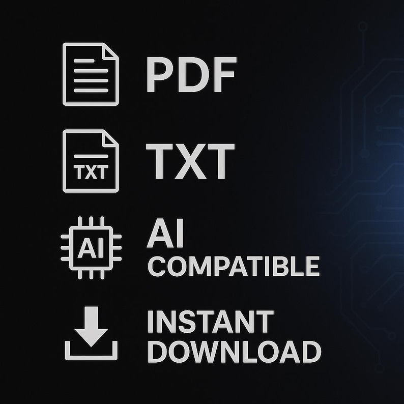 May include: White icons and text on a black background. The text includes "PDF", "TXT", "AI COMPATIBLE", and "INSTANT DOWNLOAD". The icons represent file types and a download symbol.