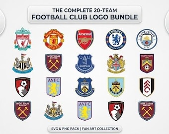 Loghi delle squadre di calcio inglesi – Pacchetto di 20 squadre in formato SVG e PNG (download digitale)