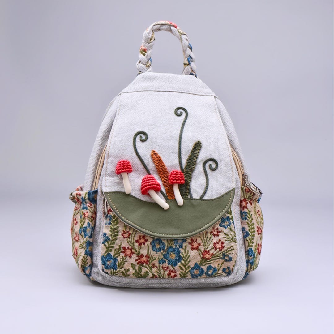 Abc Handmade Rucksack Handmade Mushroom Embroidered Backpack – Cottagecore Cotton-linen ...