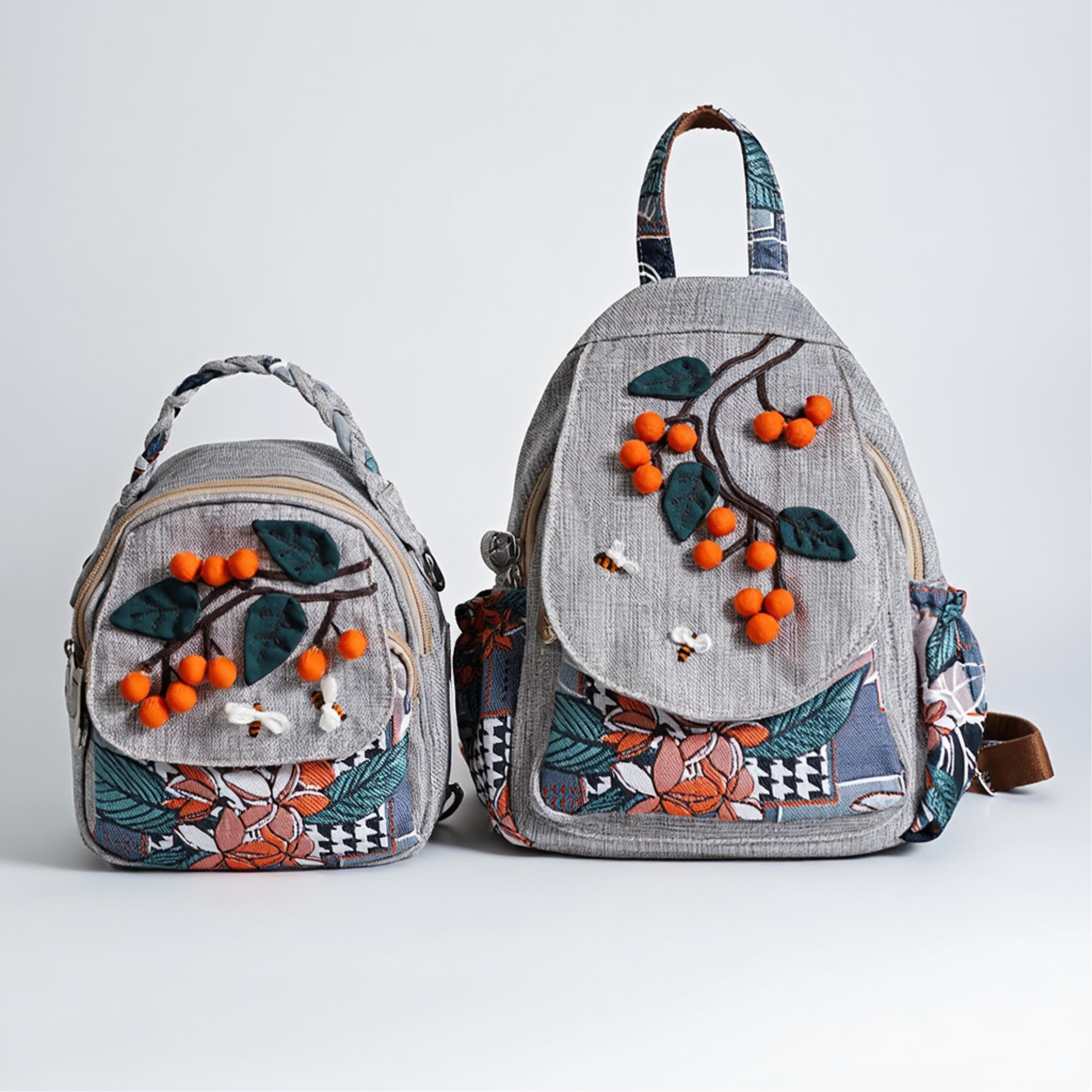 Embroidered Fruit Backpack • Boho Cottagecore Canvas 