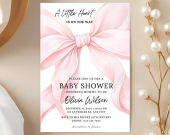 Pink Bow Baby Shower Invitation Template 5x7 | Baby Girl Shower Canva Invite  Coquette Bow Baby Shower | Editable Text Only Instant Download
