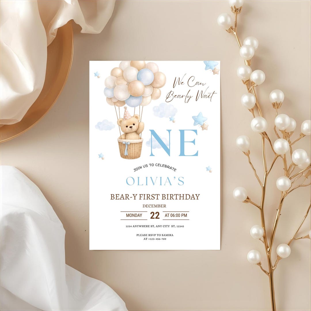 Editable Beary 1st Birthday Boy Invitation Teddy Bear Hot Air Balloon ...