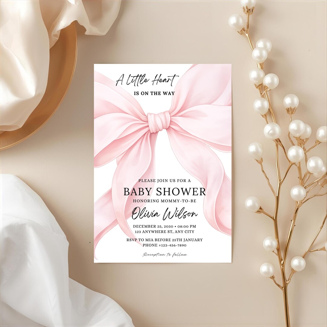 Pink Bow Baby Shower Invitation Template 5x7 | Baby Girl Shower Canva ...