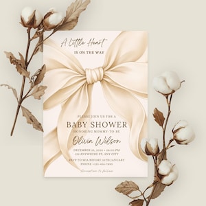 Gender neutral baby shower invitation Canva template beige elegant minimal style