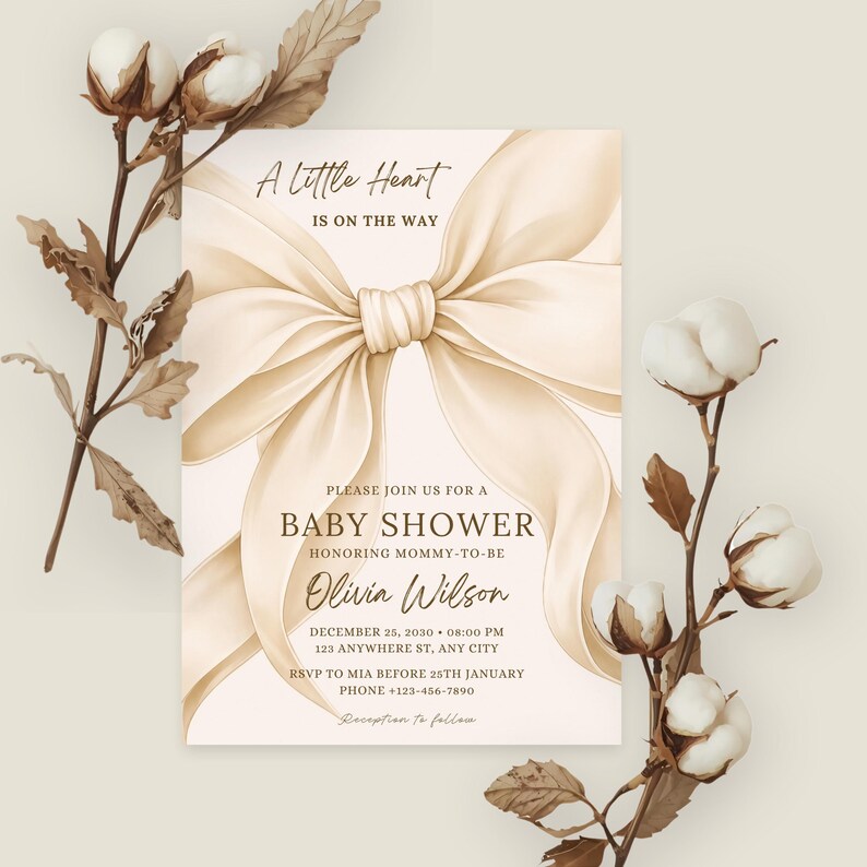 Gender neutral baby shower invitation Canva template beige elegant minimal style